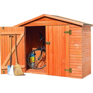 Geräumiger Gartenschrank Heidelberg aus Kiefernholz mit Fahrrad, Schaufel und Besen.