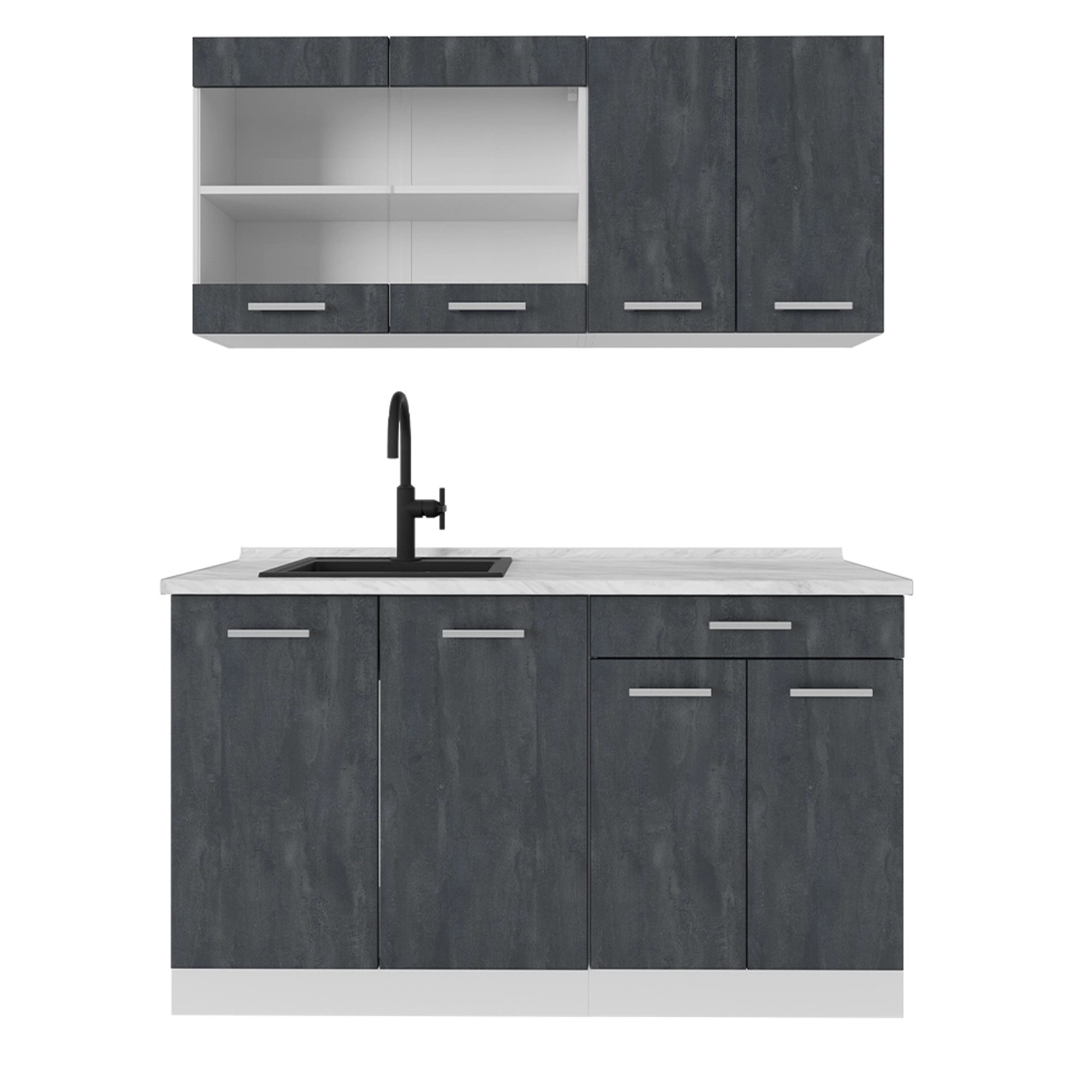 Vicco R-Line Mini-Küche Schwarz Beton/Weiß 140 cm ohne Arbeitsplatte günstig online kaufen