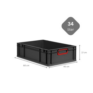 Schwarze PROREGAL Eurobox (34L) mit roten Griffen und Auflagedeckel. Aufbewahrungsbox / Transportbox.