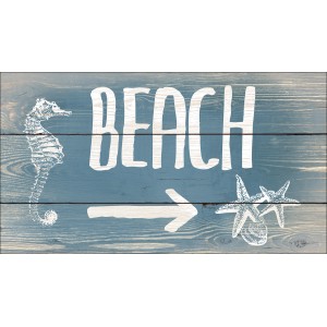 Dekopanel Beach: Wandbild mit Seepferdchen, Schriftzug und Seesternen auf blauem Holz.