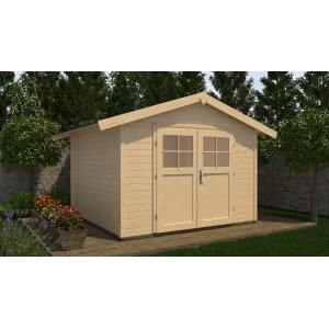 Naturbelassenes weka Gartenhaus 122 aus Fichtenholz mit Satteldach und Doppeltür.