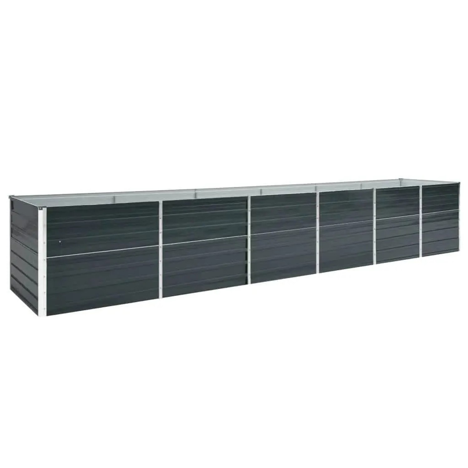 Langes, anthrazitfarbenes furnicato Garten-Hochbeet aus verzinktem Stahl, 480x80x77 cm.