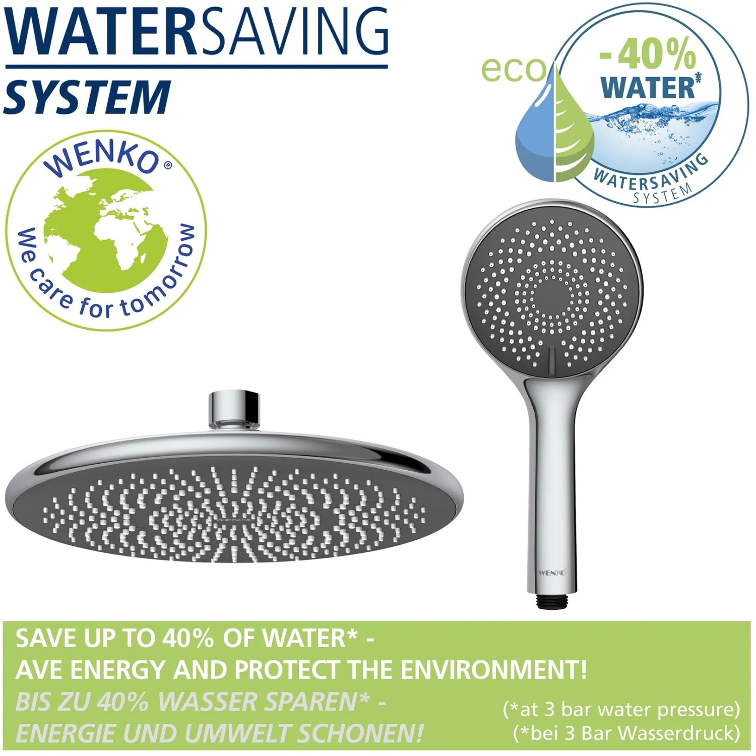 Wenko Duschsystem Watersaving Chrom: Regendusche und Handbrause für sparsamen Wasserverbrauch.