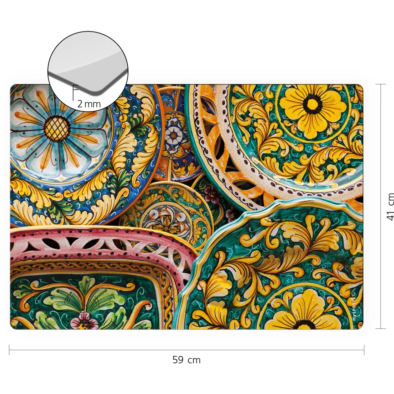 Bunte Myspotti Mini-Spritzschutzplatte Ceramica mit Teller-Motiv, 59x41 cm, für die Küche.