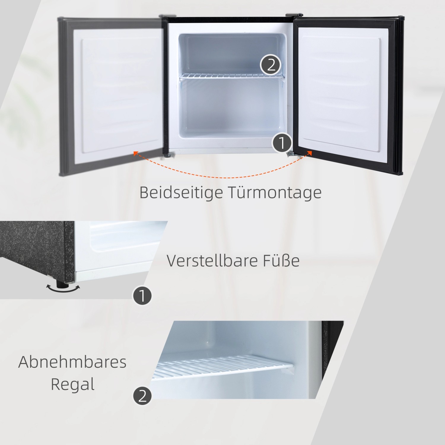 HOMCOM Mini Gefrierschrank, schwarz, mit geöffneten Türen, zeigt Details wie Regal und verstellbare Füße.