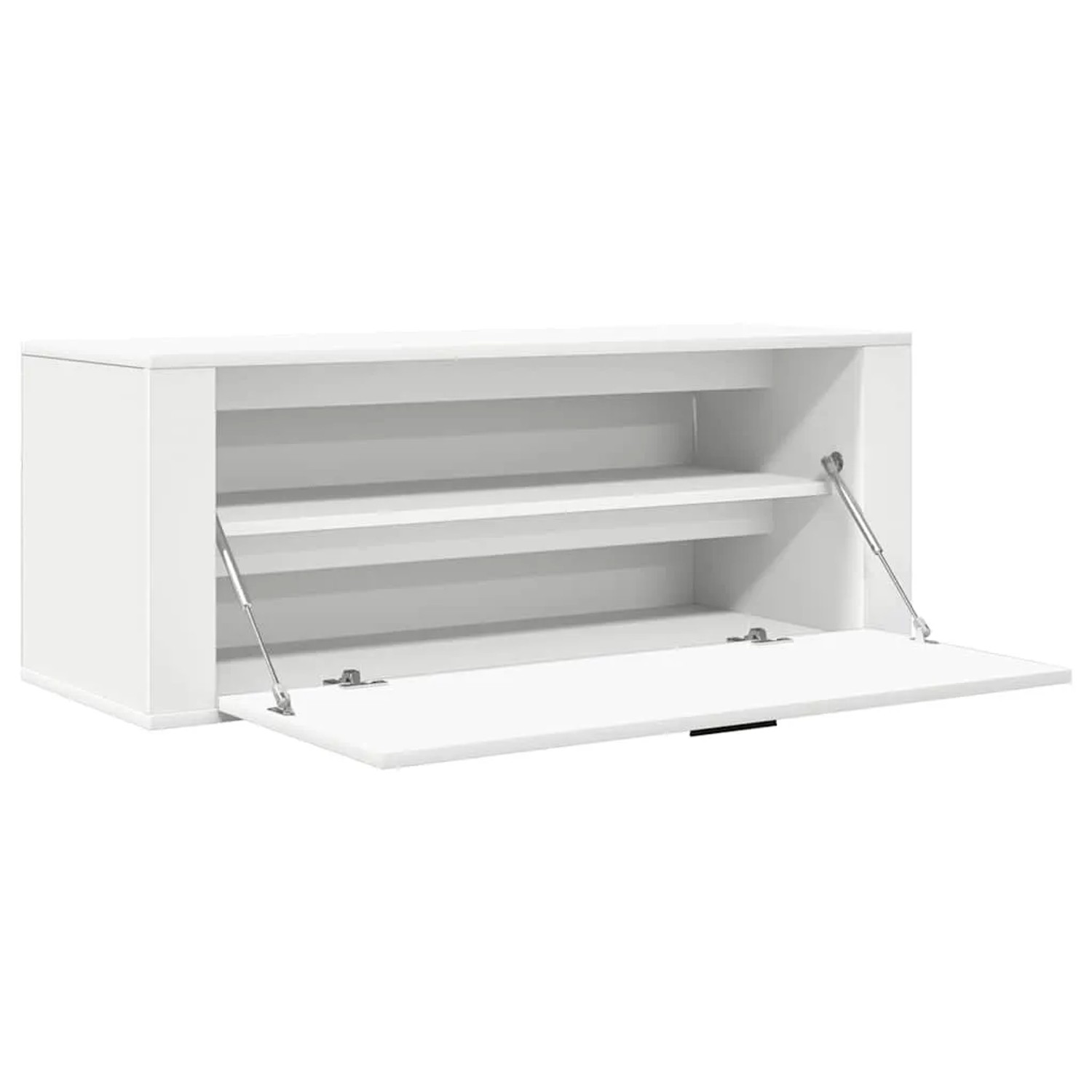 Weißer vidaXL Wand-Schuhschrank aus Holzwerkstoff, 100 cm breit, mit offener Klapptür und zwei Fächern.
