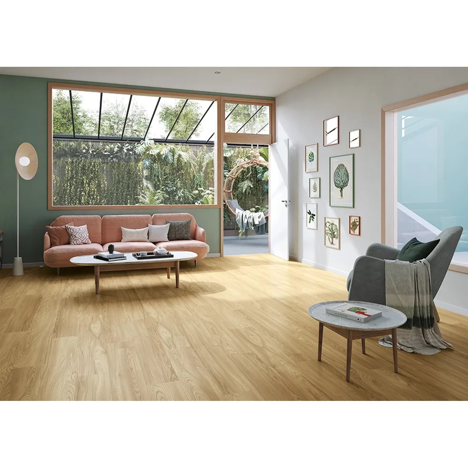 Wohnraum mit Parador Basic 400 Laminat in Natural Touch Landhausdielen Optik.