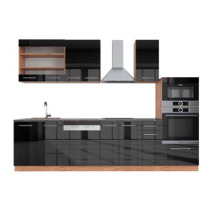 Vicco Fame-Line Küchenzeile, 300 cm, Anthrazit Hochglanz/Goldkraft Eiche mit Hochschrank.