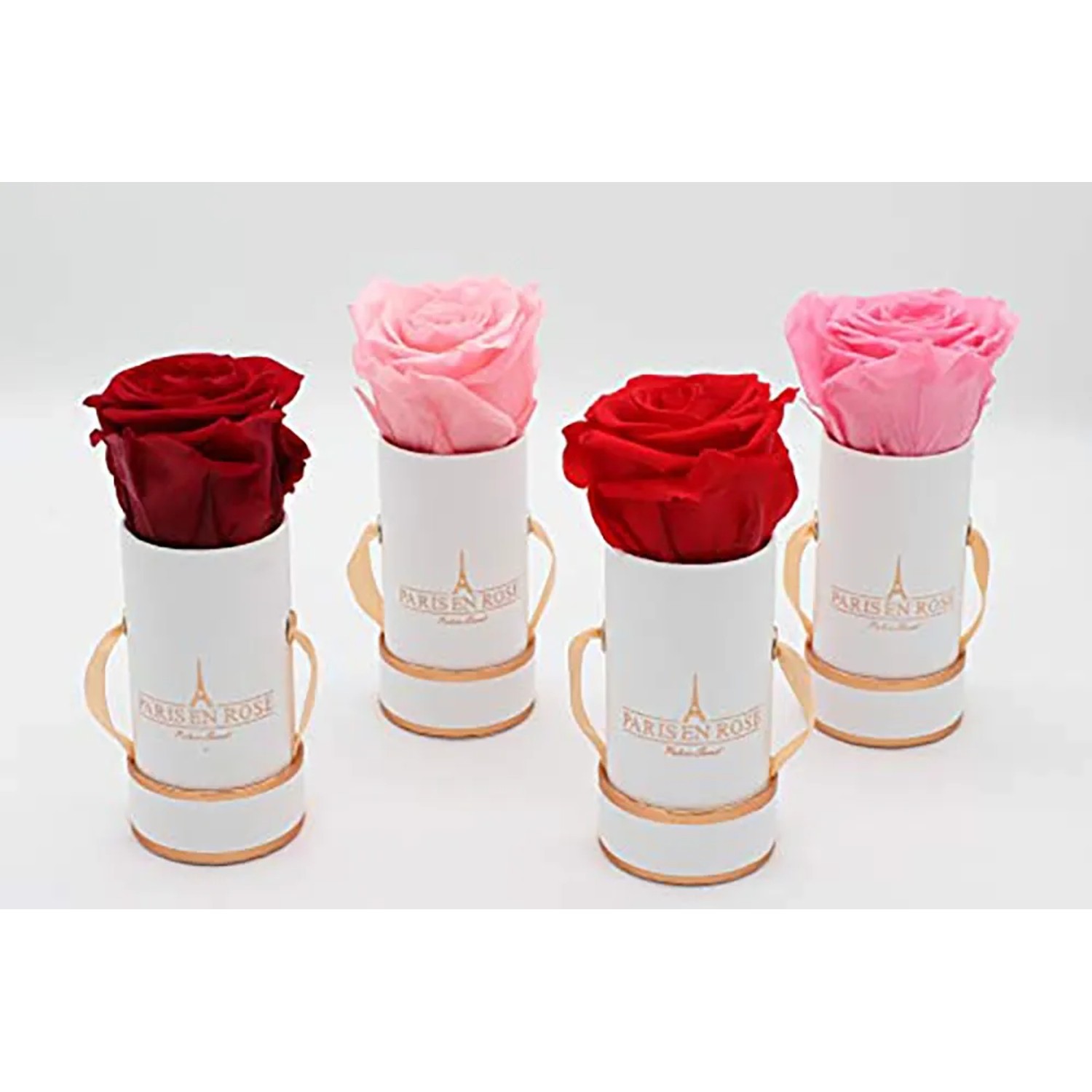 Rosenboxen in Weiß-Roségold mit rosa und roten Rosen, Blumensträuße.