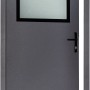 Geöffnete, anthrazitfarbene Stahl-Nebeneingangstür NS2 mit Fenster und Rechts-Anschlag, 98x198 cm.