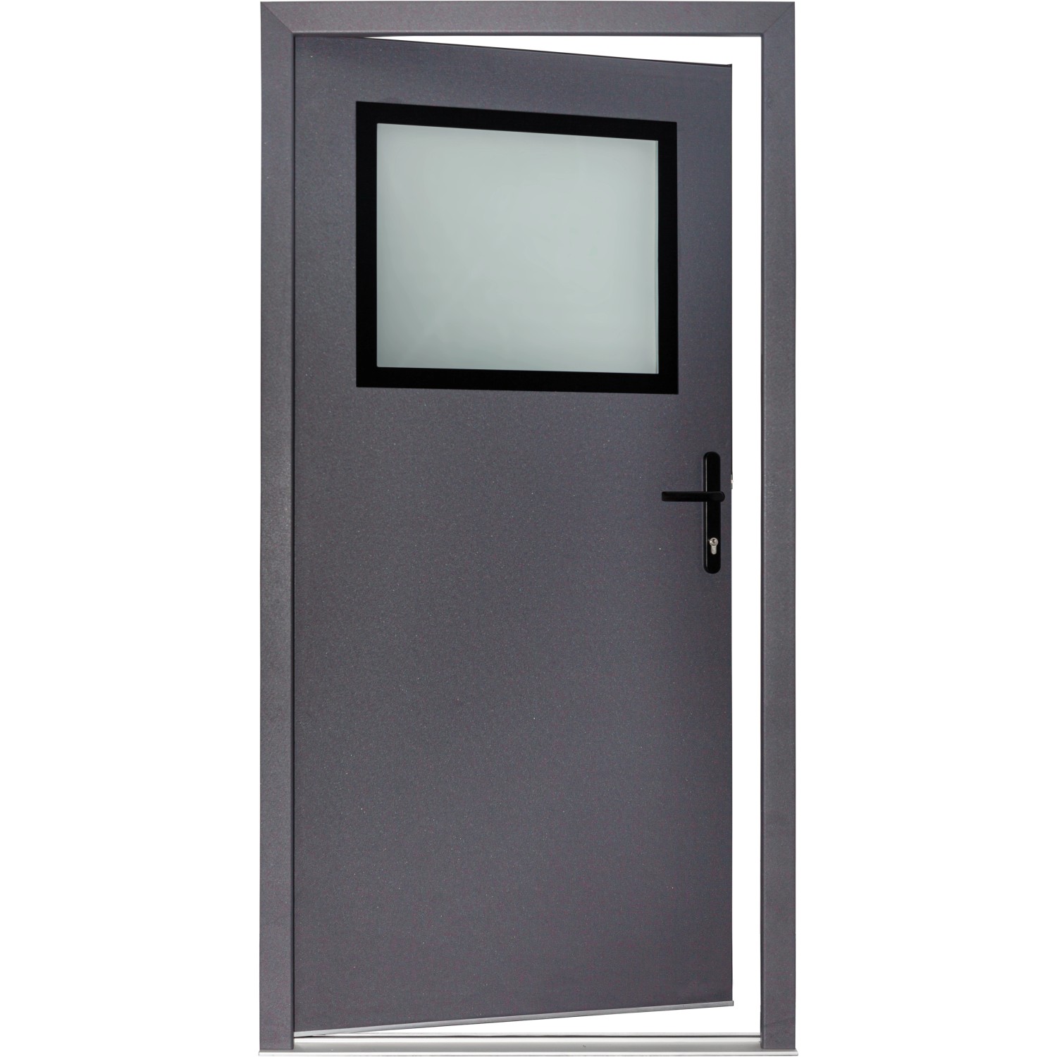Geöffnete, anthrazitfarbene Stahl-Nebeneingangstür NS2 mit Fenster und Rechts-Anschlag, 98x198 cm.