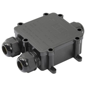 Schwarze S-Impuls Abzweigdose IP68 für Außenbereich mit zwei Kabelanschlüssen.