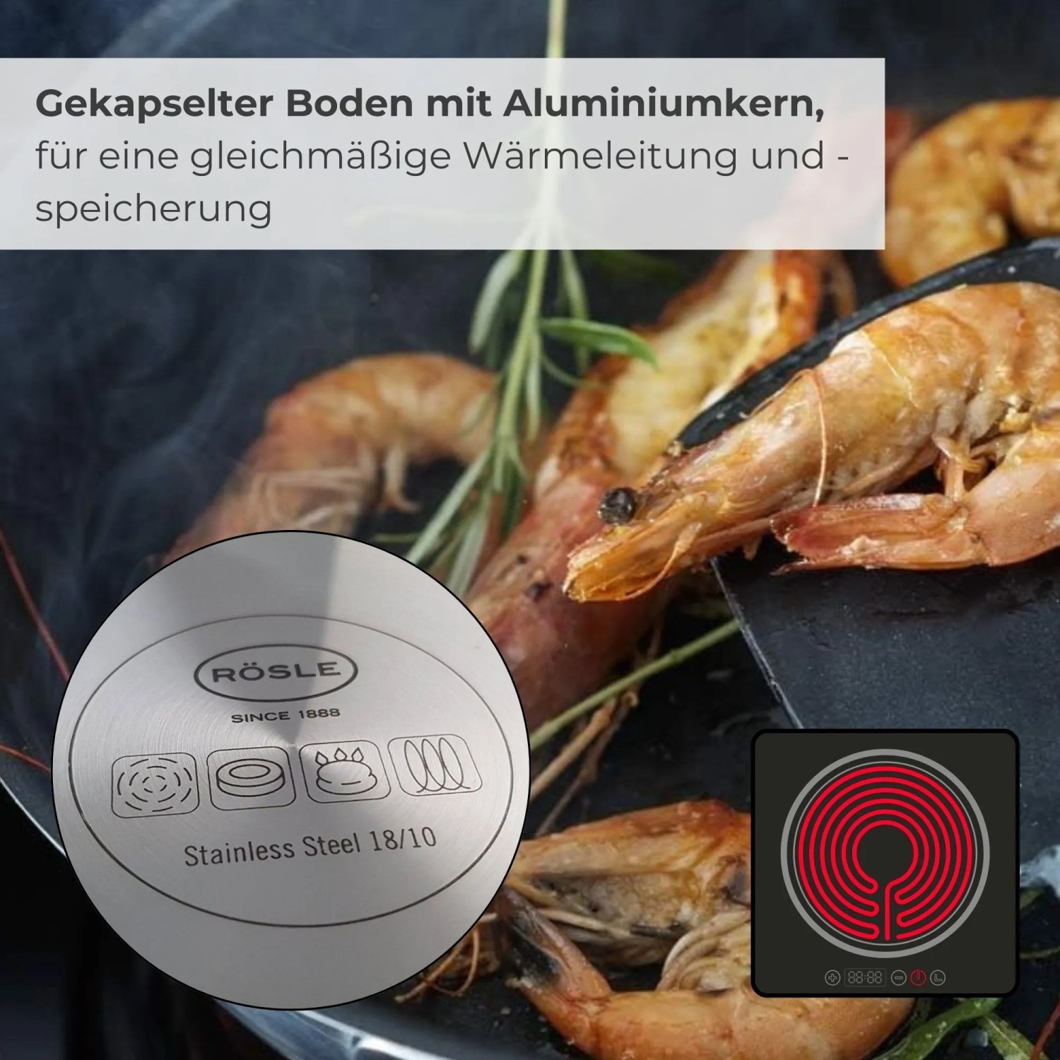 RÖSLE Elegance Servierpfanne Ø28 cm aus Edelstahl mit Aluminiumkernboden. Induktionsgeeignet für gleichmäßige Hitzeverteilung beim Braten.