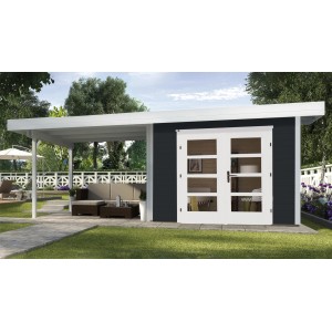 Lasiertes Weka Holz-Gartenhaus Flachdach mit Anbau und überdachter Fläche, 590x314 cm.