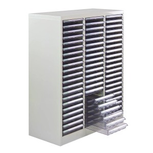 Lichtgrauer PROREGAL Schubladencontainer Kobra mit 63 transparenten Schubladen.