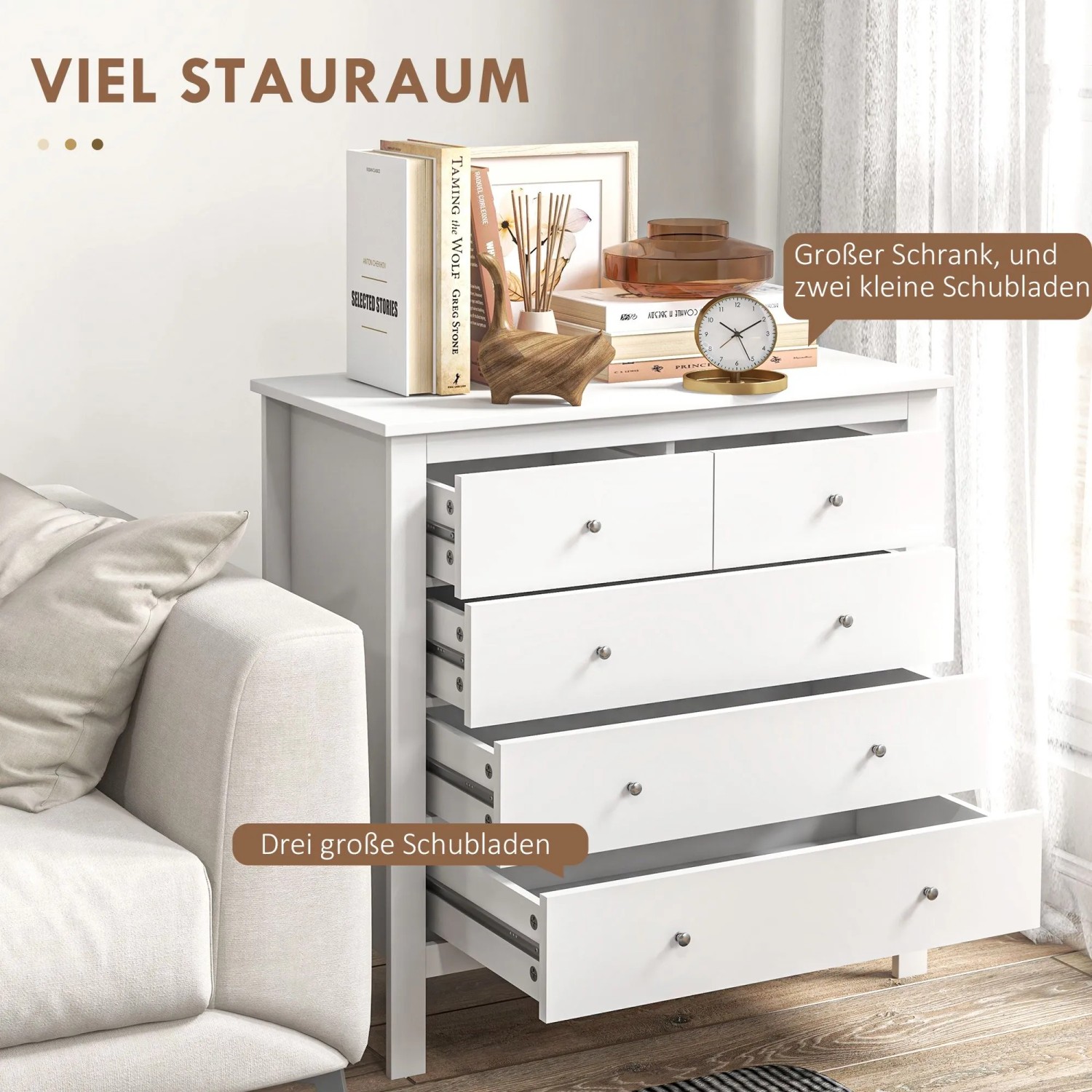 Weiße HOMCOM Kommode mit 5 offenen Schubladen (2 klein, 3 groß) und Retro-Knäufen. Viel Stauraum für Wohnzimmer & Schlafzimmer.