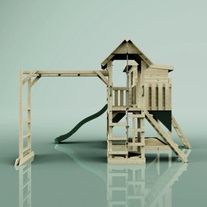 OutdoorToys Spielturm Isak Dunkelgrün mit Rutsche, Kletterwand und Hangelstange.