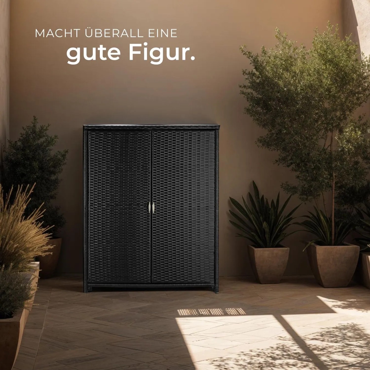 Schwarzer Tectake Gartenschrank Monza aus Polyrattan mit zwei Türen und Aluminiumgestell.