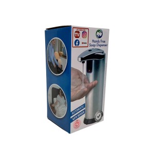 Verpackung des FormuClear Seifenspenders mit Sensor, Edelstahloptik, 220ml Fassungsvermögen.