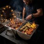 Silberner Relaxdays Tischgrill aus Edelstahl mit zwei Grillflächen. Mann grillt Fleisch, Mais und Pilze über Flammen.
