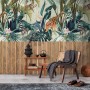 Fototapete Profhome mit Dschungel-Motiv: Palmen, Tiere, Holzoptik in Beige, Grün, Braun und Blau.
