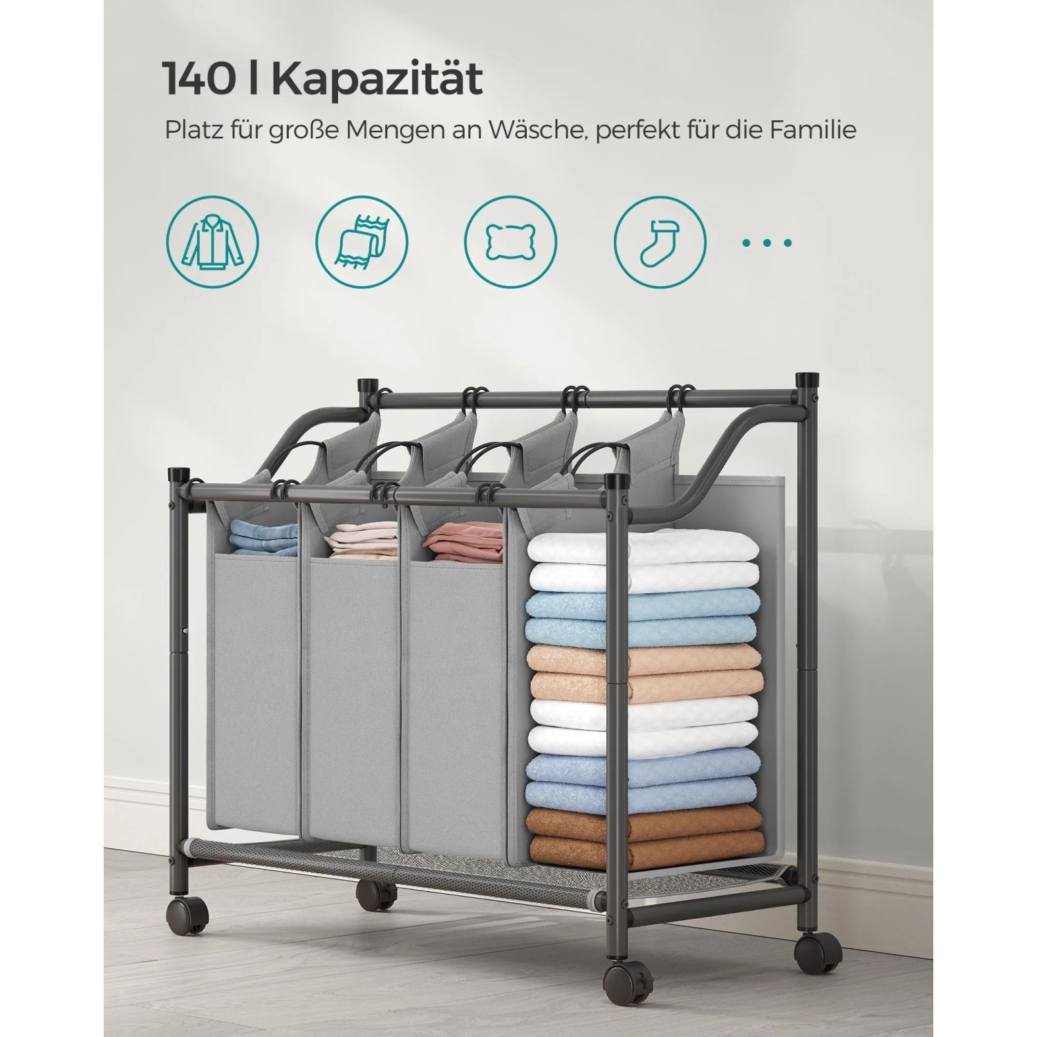 Songmics Wäschesammler mit 4 Fächern (140 l) in Grau, zur Wäsche Sortierung.