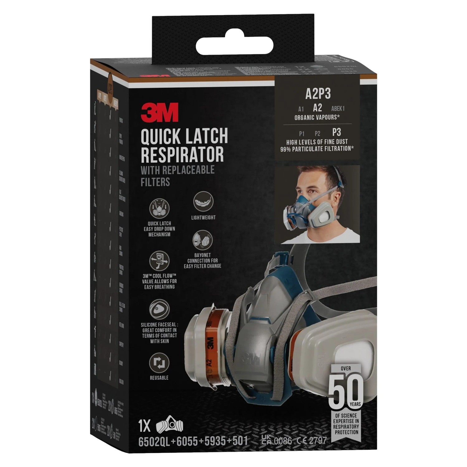 3M Atemschutz-Komplettsatz mit Schnellverschluss, A2P3 Filter, für Lackierarbeiten und Feinstaubschutz.