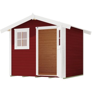 Schwedenrotes Gartenhaus mit Satteldach, Fenster und offener Tür. Holz-Gartenhaus.
