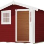 Schwedenrotes Gartenhaus mit Satteldach, Fenster und offener Tür. Holz-Gartenhaus.