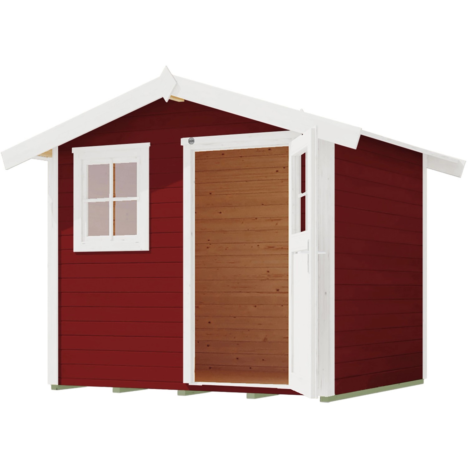 Schwedenrotes Gartenhaus mit Satteldach, Fenster und offener Tür. Holz-Gartenhaus.