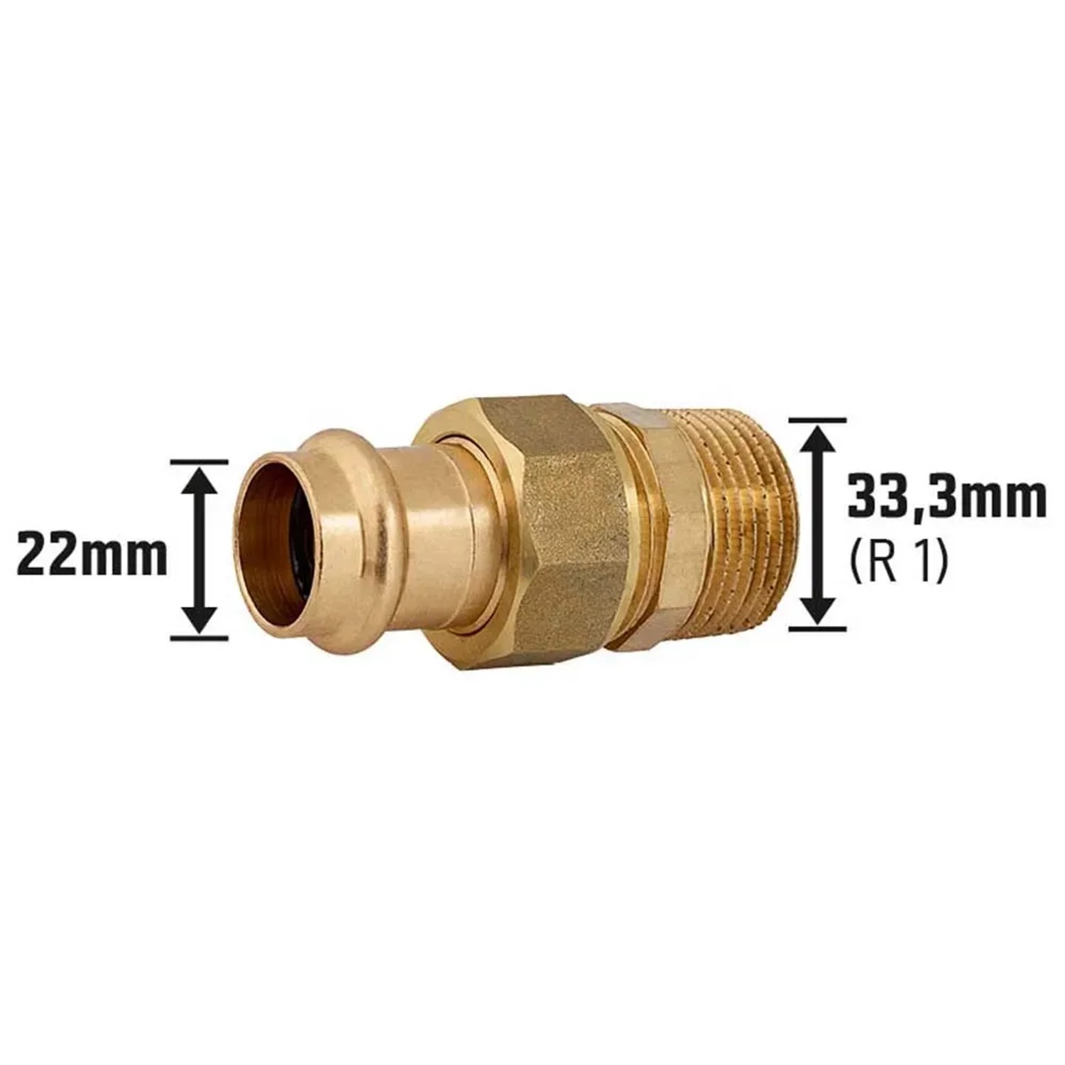 Pressfitting: Rotguss Pressverschraubung, Ø 22 mm x 33,3 mm (R 1), mit Außengewinde.
