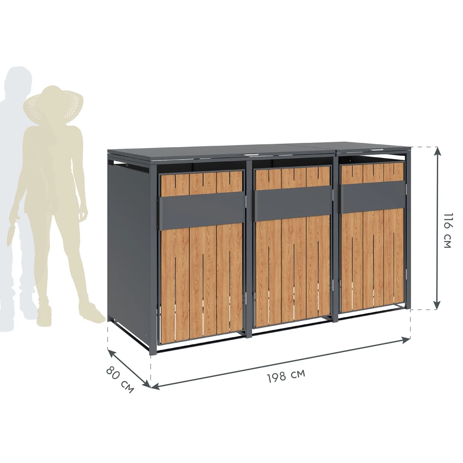 Westmann Mülltonnenbox Varius 3 für 3 Tonnen, Anthrazit & Holzoptik, 198x80x116 cm.