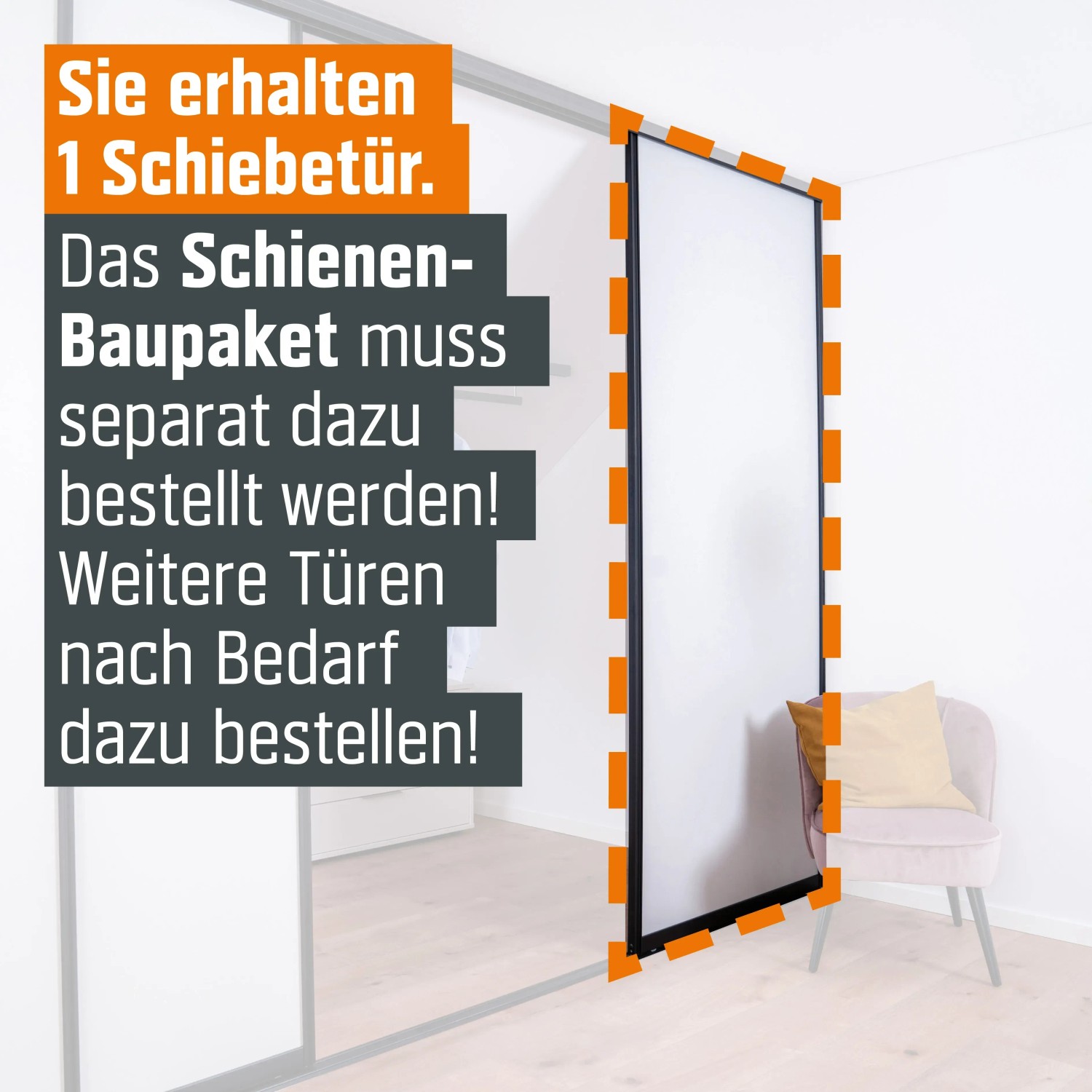 Schiebetür-Baupaket mit schwarzem Rahmen und weißer Füllung im Raum. Schienensystem separat erhältlich.