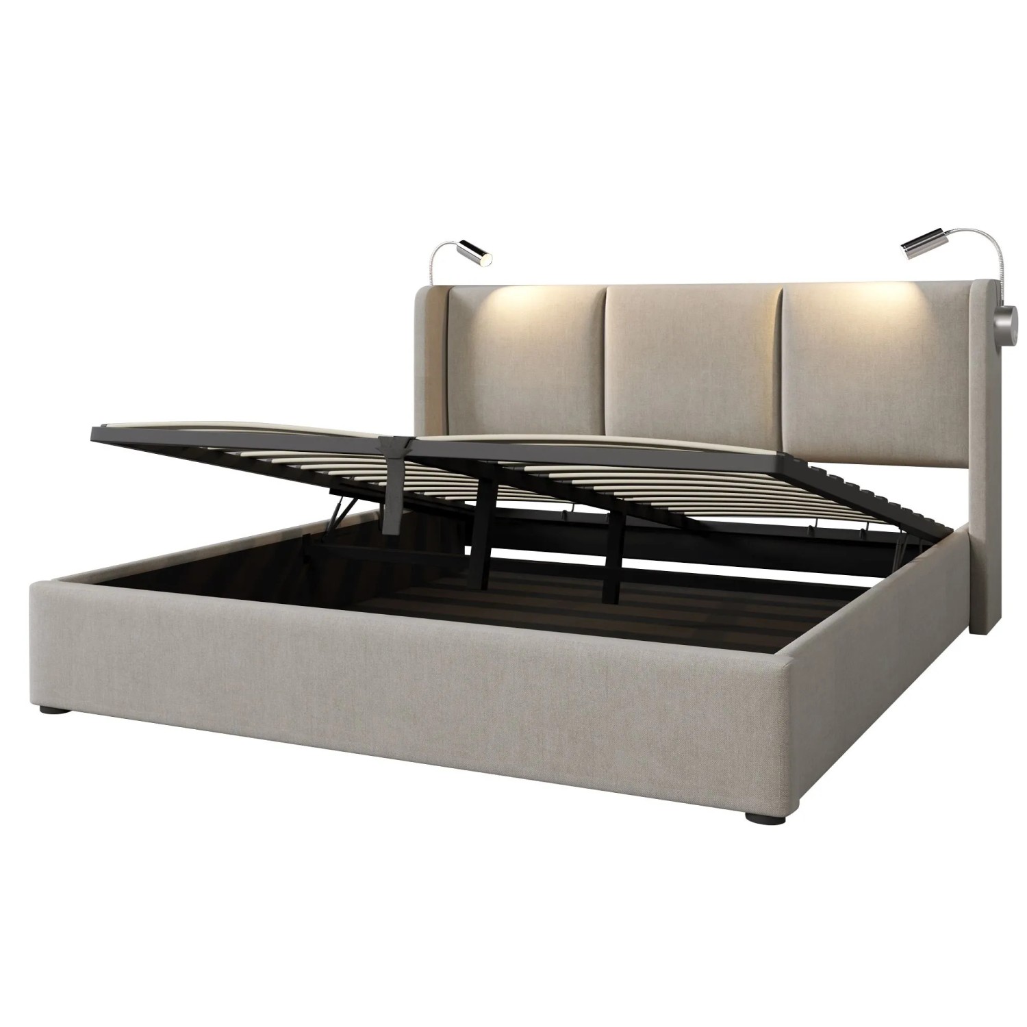 okwish Polsterbett 160x200cm mit Stauraum USB Leselicht Jugendzimmer Beige ohne Matratze