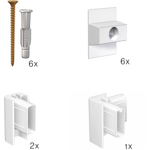 Artiteq Befestigungsset für Click Rail Bilderschiene, weiß, inkl. Schrauben, Dübel, Endkappen und Eckverbinder.