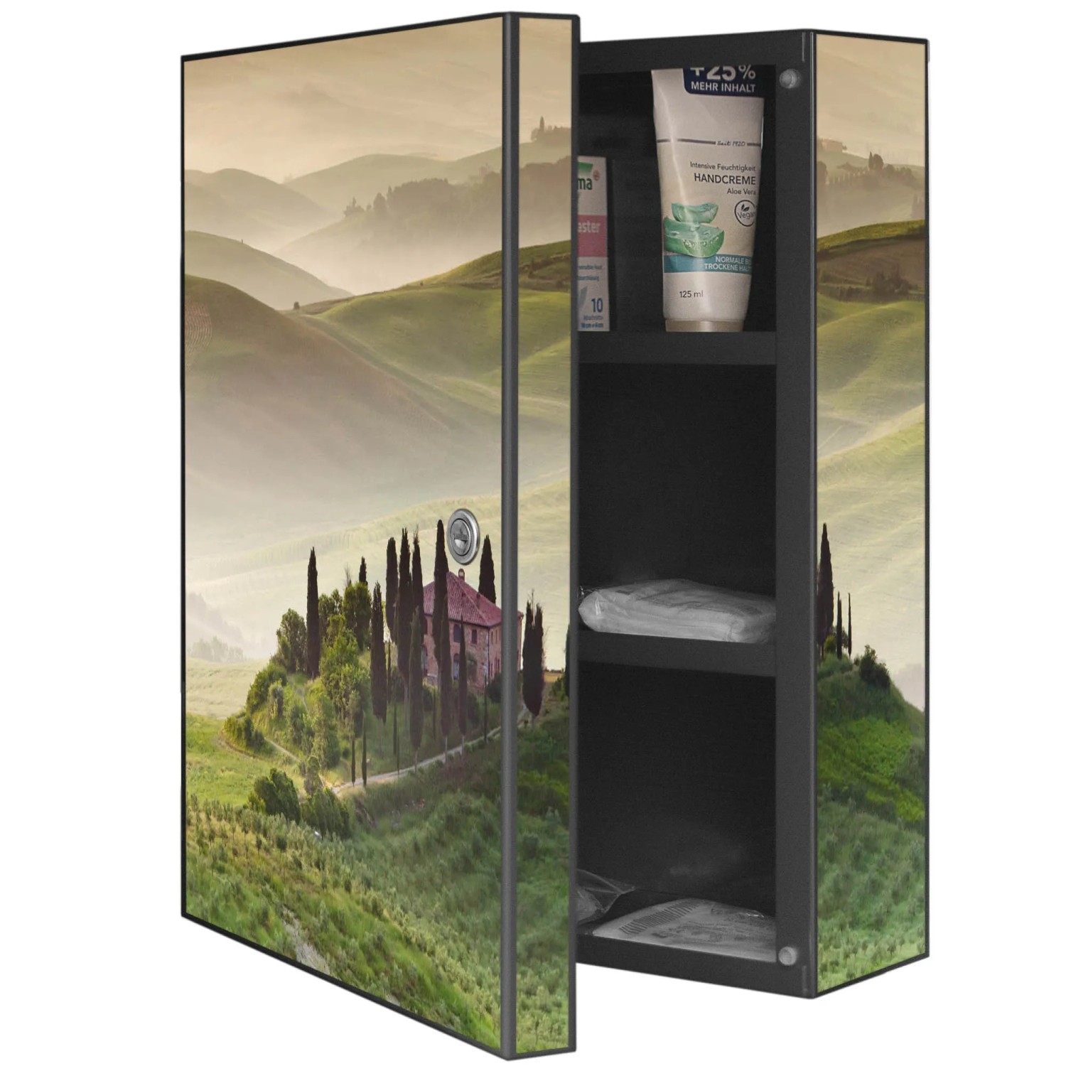 Offener, abschließbarer Banjado XXL Medizinschrank mit Toscana Motiv, anthrazitfarben, aus Metall.