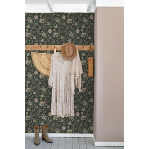 ESTAhome Vliestapete mit Blumenmuster in Schwarz und Grün. Romantische Wandgestaltung.