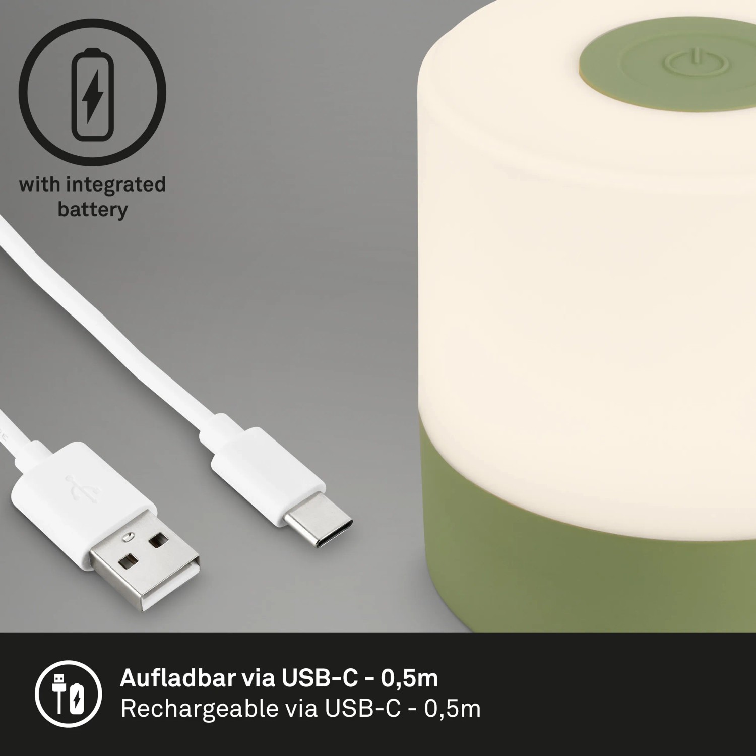 Grüne Brilo Akku-Tischleuchte Smal mit USB-Kabel. Mobile LED-Dekoleuchte für den Außenbereich.