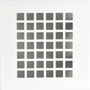 Weißes, eckiges Lüftungsgitter aus Stahl, 140x140mm, mit integriertem Insektenschutz.