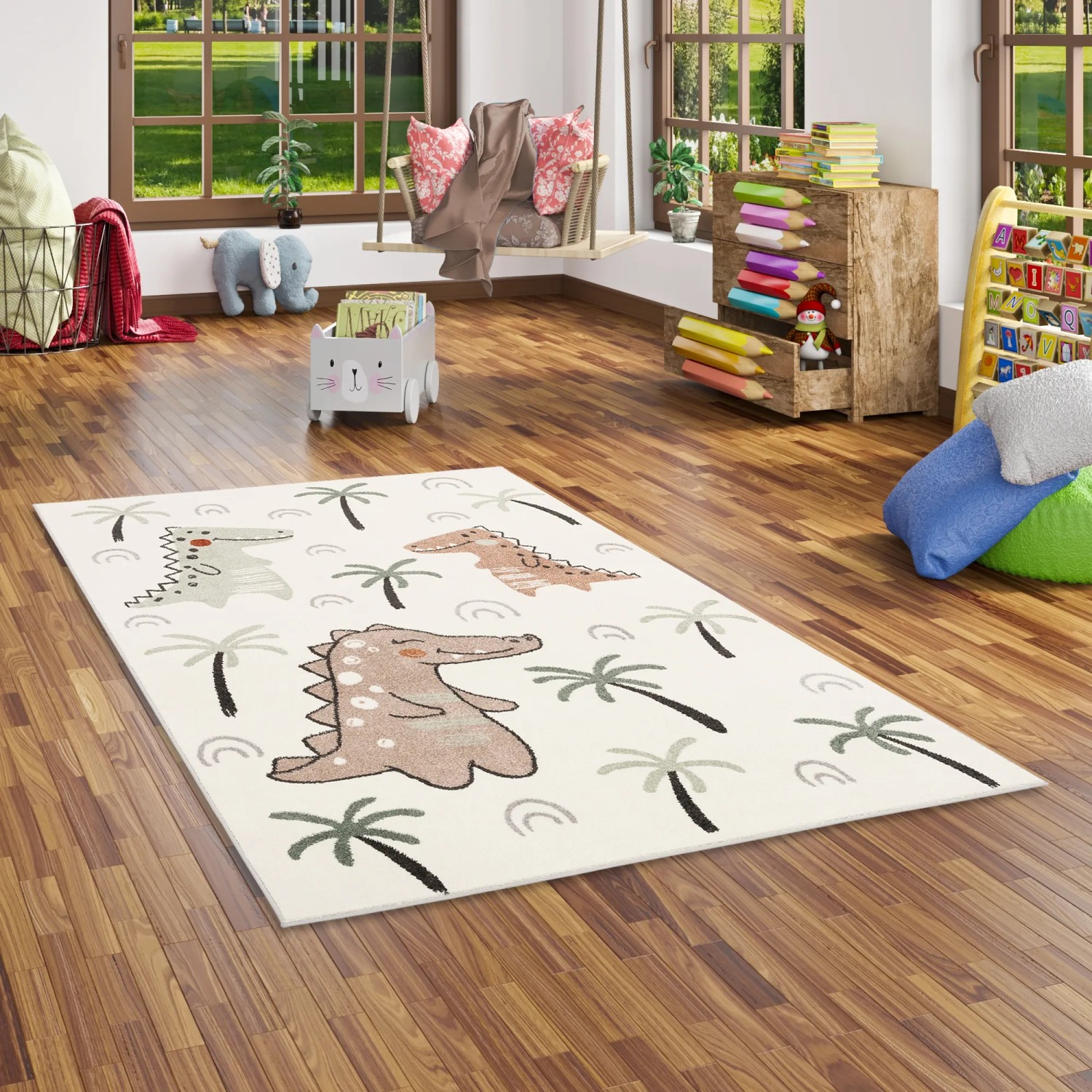 Bunter Kinderteppich 140x200 mit Dino-Motiv von Pergamon Softstar Kids.