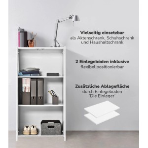Weißer, schmaler Büroschrank/Mehrzweckschrank mit drei Fächern und diversen Gegenständen.