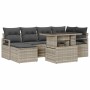 Hellgraues 7-tlg. vidaXL Garten-Sofa-Set aus Poly Rattan mit Tisch und Auflagen.