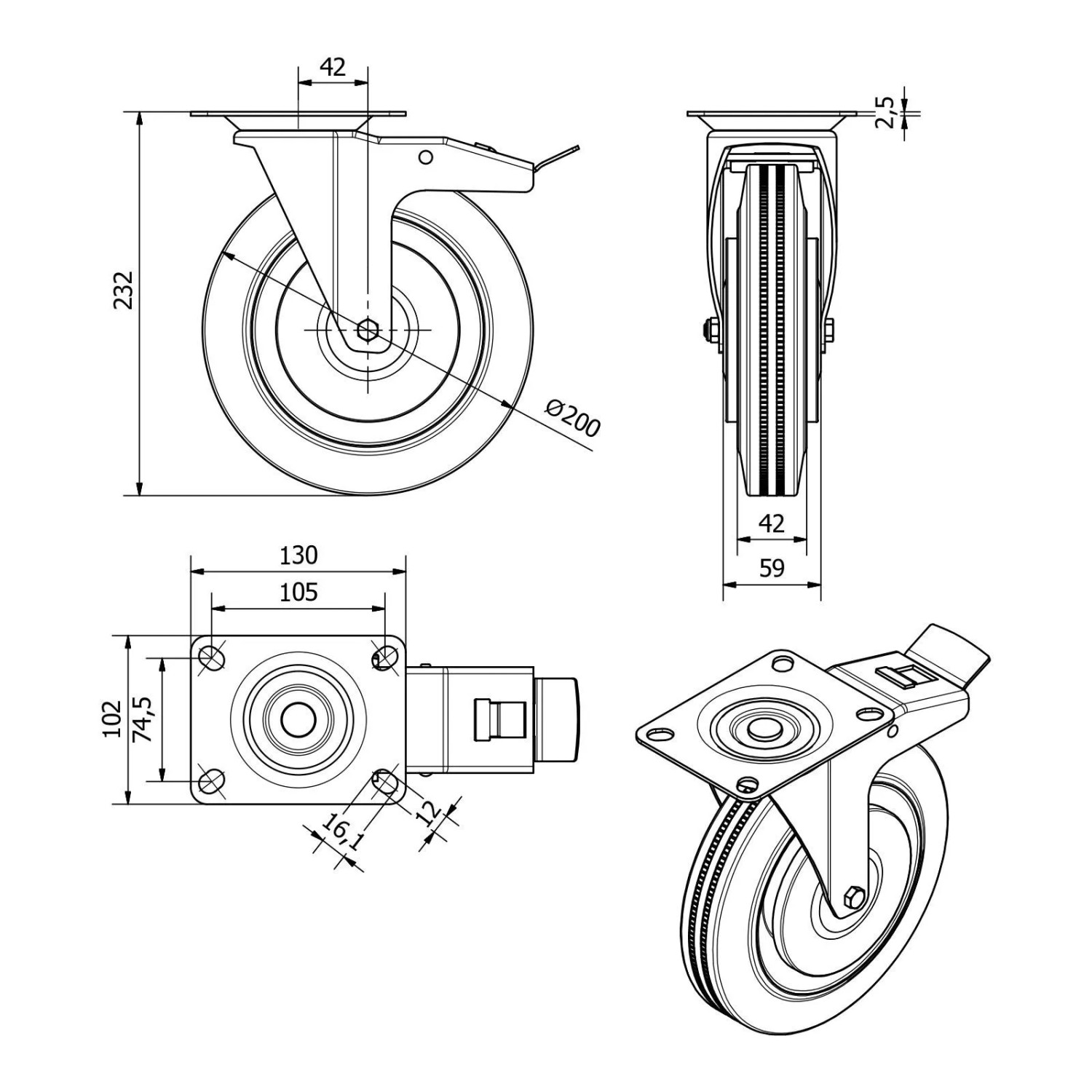 Technische Zeichnung einer SOTECH Schwerlast-Lenkrolle mit Bremse, Ø200 mm. Zeigt Maße. Traglast bis 440 kg.