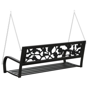 Schwarze vidaXL Hollywoodschaukel (125 cm) aus Stahl mit Rosenmuster, hängend an Ketten.