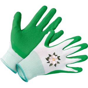 Grüne LUX Gartenhandschuhe aus Latex, Größe 8, mit Blumendruck. Ideal für Gartenarbeit.