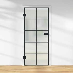 Glasdrehtür mit schwarzem Rahmen und satiniertem Glas, Siebdruck Design für Loft-Stil.