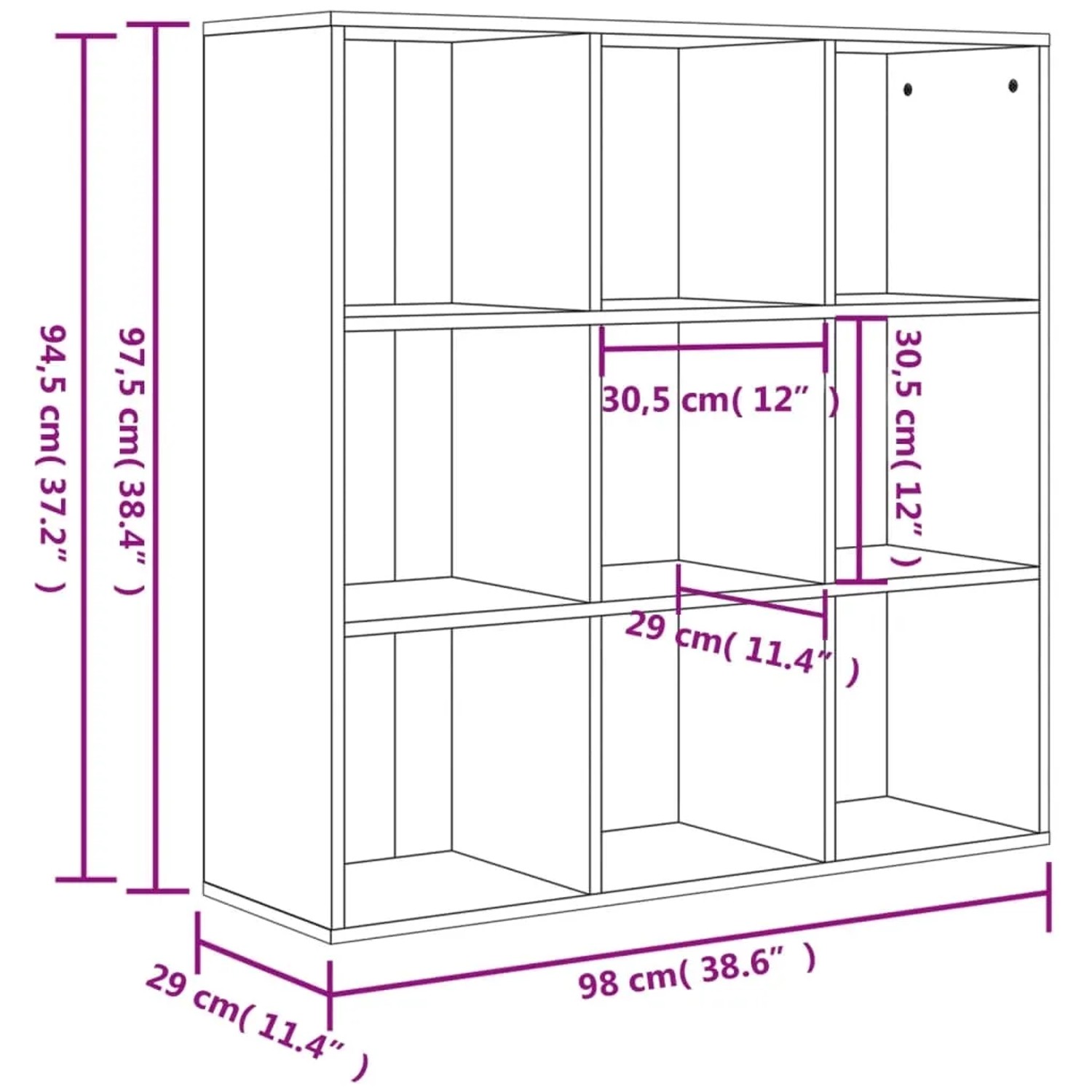 VidaXL Bücherregal Sonoma-Eiche, 98x30x98 cm, Holzwerkstoff mit 9 Fächern.