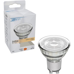 Klarer GU10 LED-Spot MR16, 4W, warmweiß, mit Verpackung.