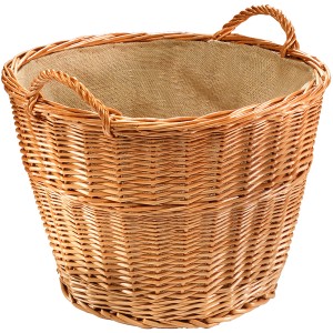 Dekorativer Kaminholzkorb aus Weide mit Griffen und Leinenfutter.