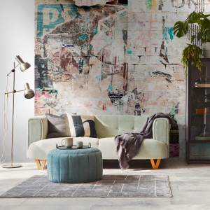 Fototapete Graffiti in Beige, Blau, Braun und Gelb von PROFHOME. Wandgestaltung im Used-Look.